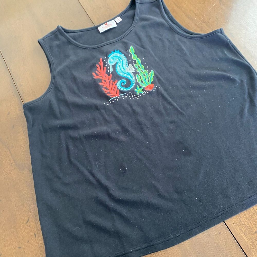 Quacker Factory Tank Top Sea Horse XL Black‎ Embellished Embroidered Round Neck